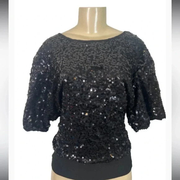 CATO BLACK SEQUIN TOP BATWING SLEEVE SCOOP NECK STRETCH SIZE LARGE - Picture 1 of 8